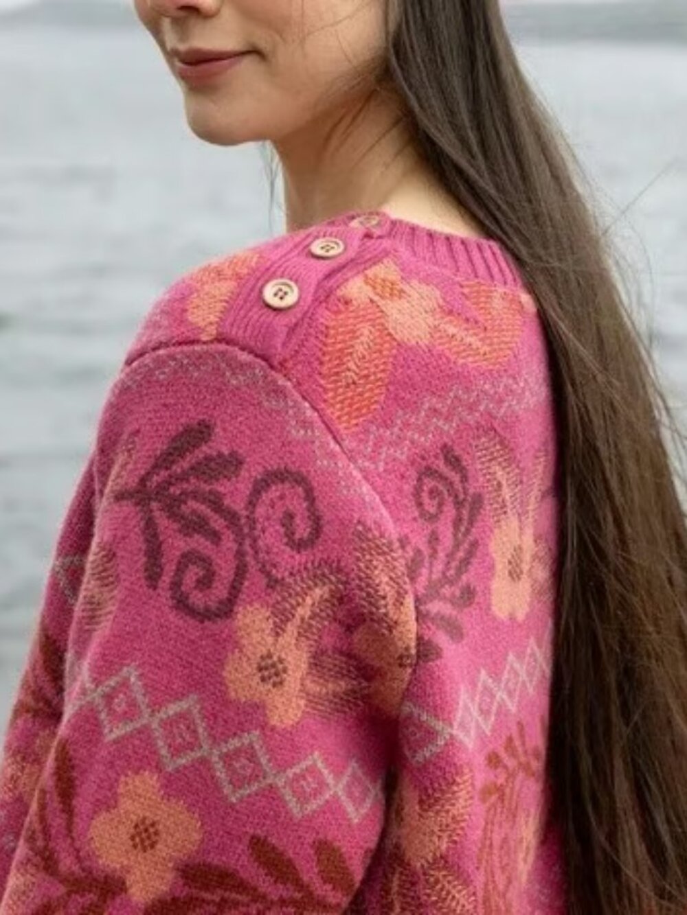 GUDRUN SJODEN M Pink Floral Fisherman's Crew Neck Sweater 100% Wool